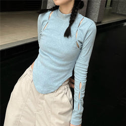 Summer Half High Neck Hollowed Out Long Sleeve Waist Waist T-shirt Top Female