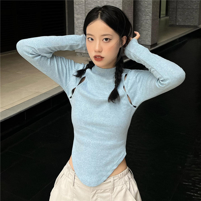 Summer Half High Neck Hollowed Out Long Sleeve Waist Waist T-shirt Top Female