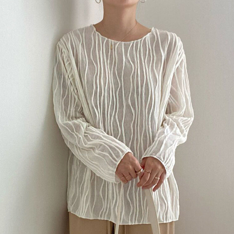 Elegant Round Neck Three-dimensional Texture Long Sleeve Shirt Top Female