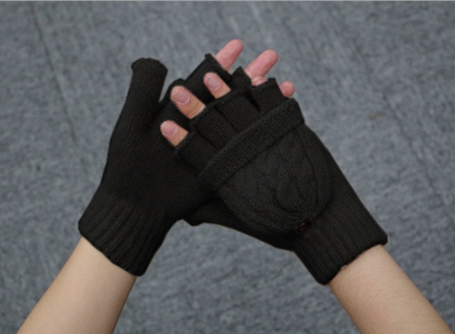 Wool ladies flip gloves double braided flip dual-use warm gloves half finger female gloves