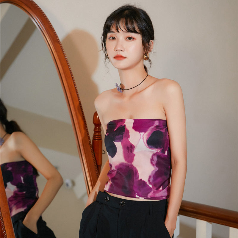 Oil painting tube top printed small top female T-shirt