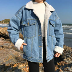 Casual Thick Warm Blue Winter Women Coat Fashion Student Style Autumn Lamb Wool Jeans Denim Jackets Snow Basic Female Coa