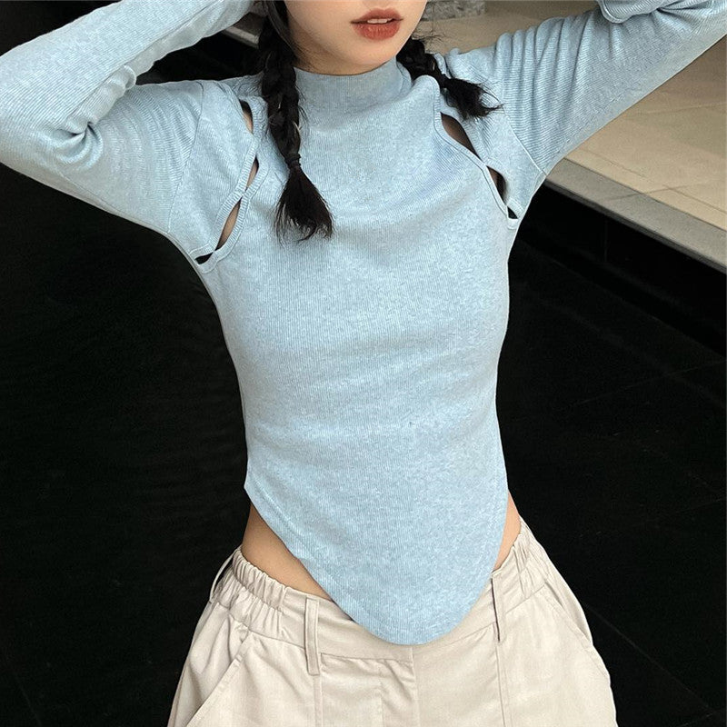 Summer Half High Neck Hollowed Out Long Sleeve Waist Waist T-shirt Top Female