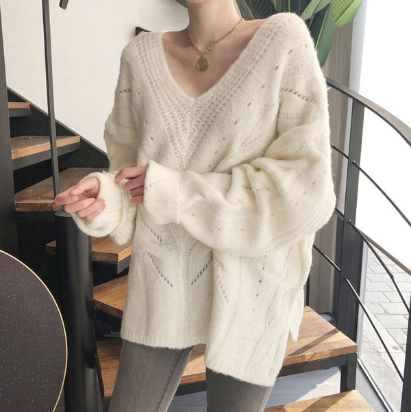 Loose, Lazy And Comfortable Medium Length Jacquard Hollow Out Sweater