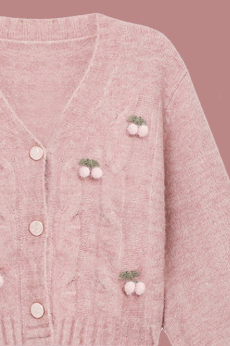 Knitted Cardigan Pink Cherry Lazy Retro Gentle Sweater