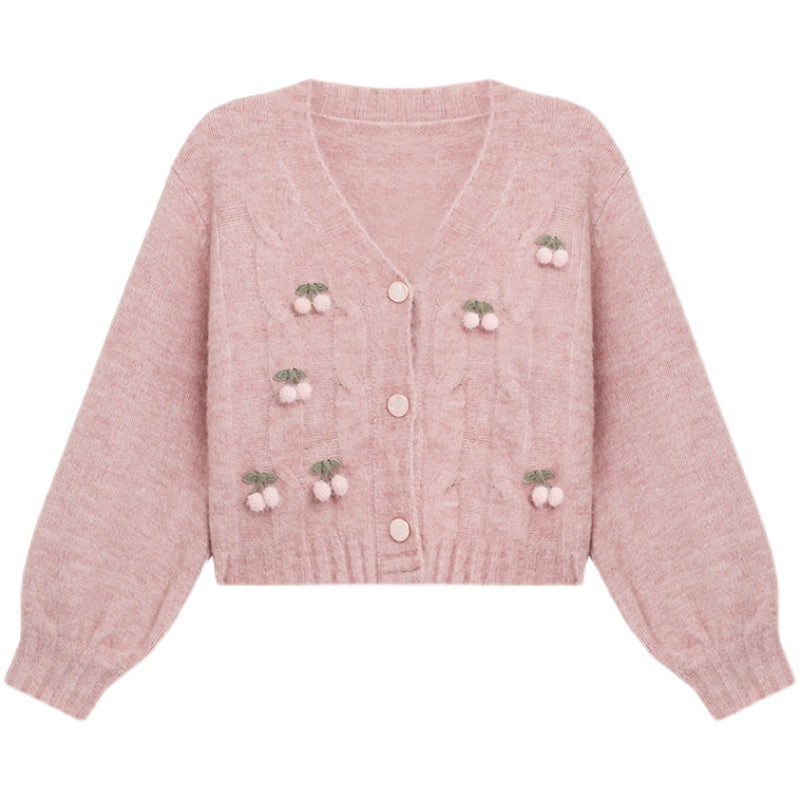 Knitted Cardigan Pink Cherry Lazy Retro Gentle Sweater