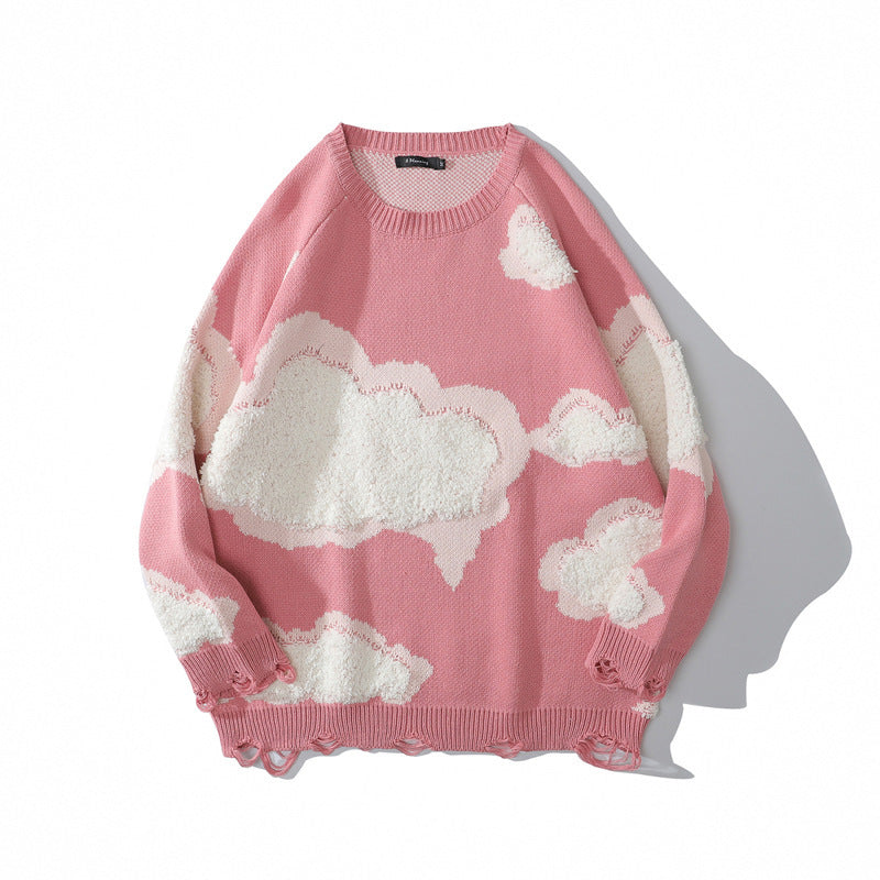 Hole Cloud Flocking Jacquard Sweater Couple Pullover