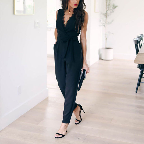 Lace lace-up pocket female jumpsuit