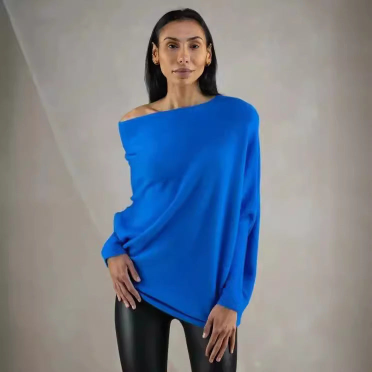 Solid Off-shoulder Batwing Sleeve Sweater Fashion Round Neck Temperament Pullover Top Womens Clothing