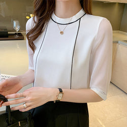 Short Sleeve Contrast Chiffon Shirt Top Female