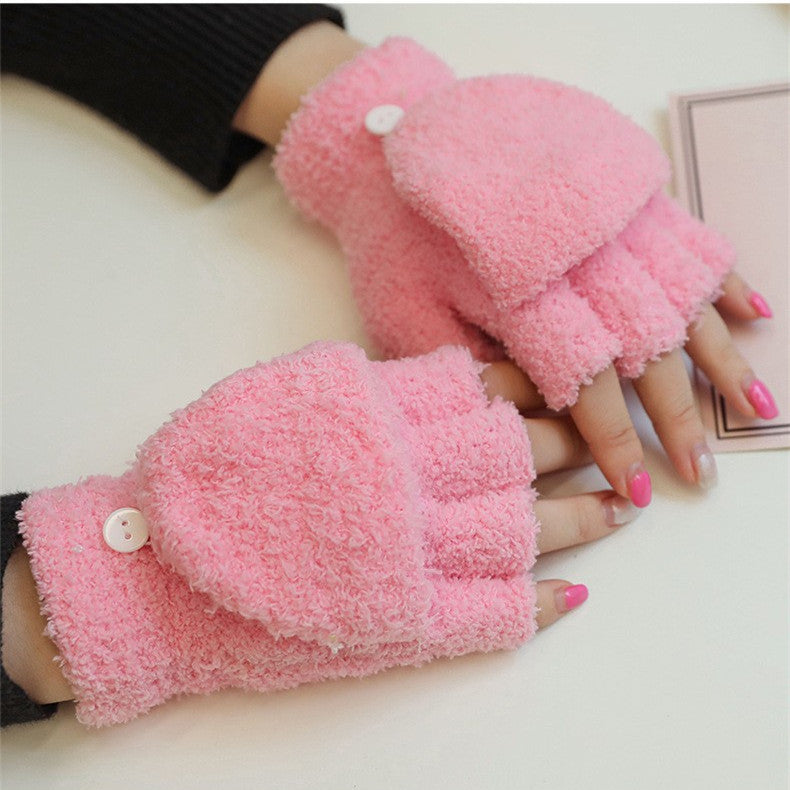 Men And Women Warm Thickened Flap Plush Half Finger Gloves