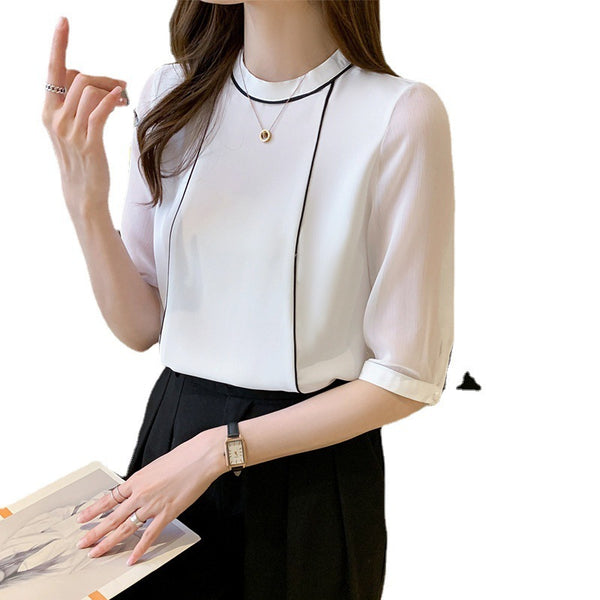 Short Sleeve Contrast Chiffon Shirt Top Female