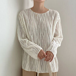 Elegant Round Neck Three-dimensional Texture Long Sleeve Shirt Top Female