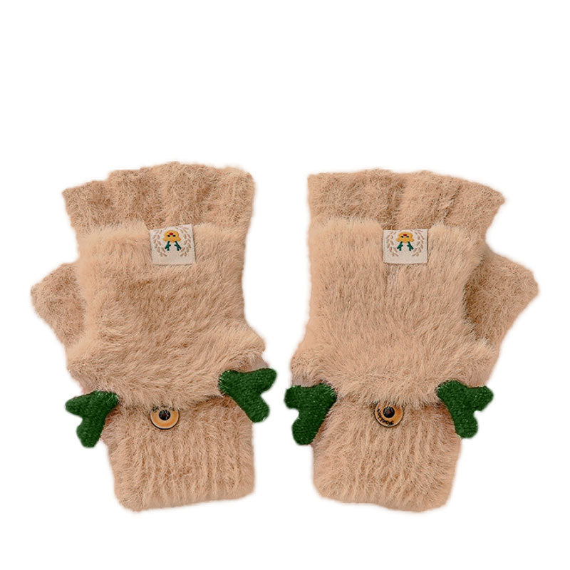 Plush Gloves Female Flip Half Finger Toe Cute Cartoon