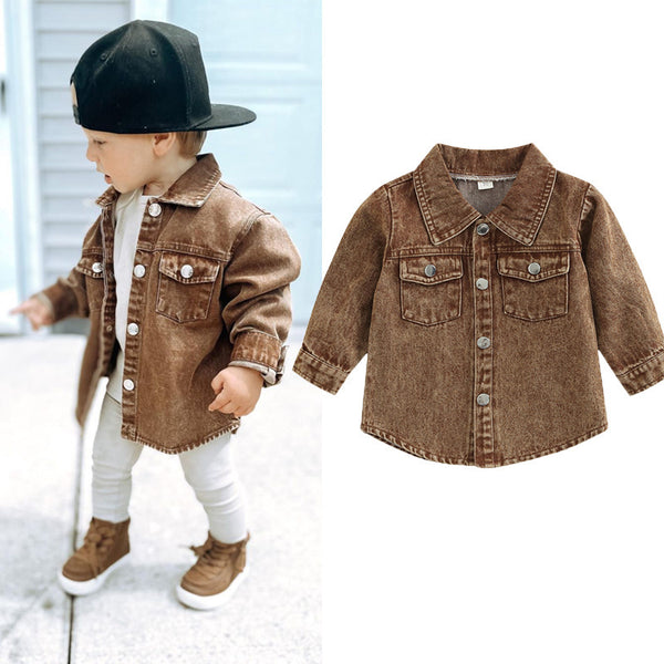 Autumn New Kids' Overcoat Boys Girls Toddlers Casual Solid Color Long Sleeve Lapel Denim Shirt Jacket