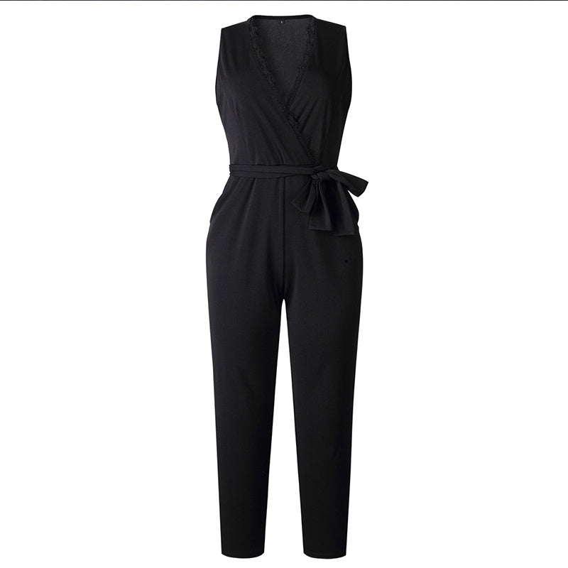 Lace lace-up pocket female jumpsuit