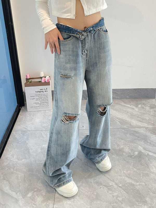 Fashionable Personality Broken Hole Jeans Female