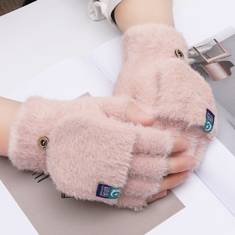 Plush Gloves Female Winter Warm Student Exposed Finger Flip Gloves Household