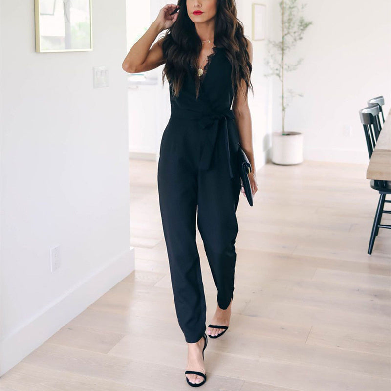 Lace lace-up pocket female jumpsuit