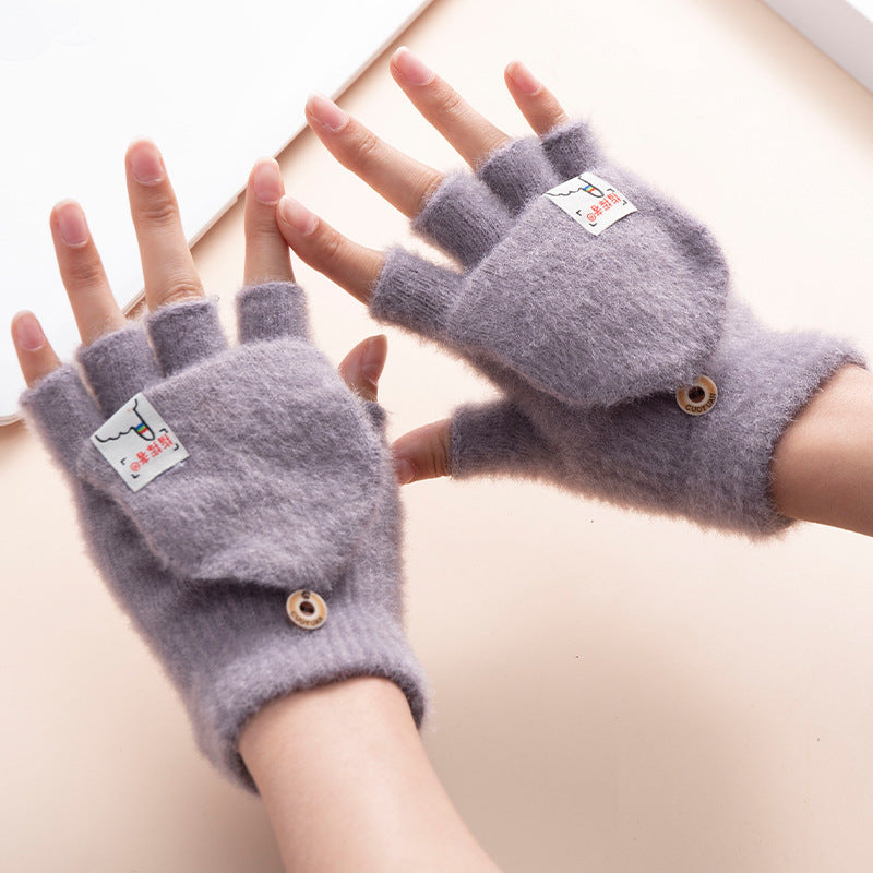 Men And Women Warm Thickened Flap Plush Half Finger Gloves