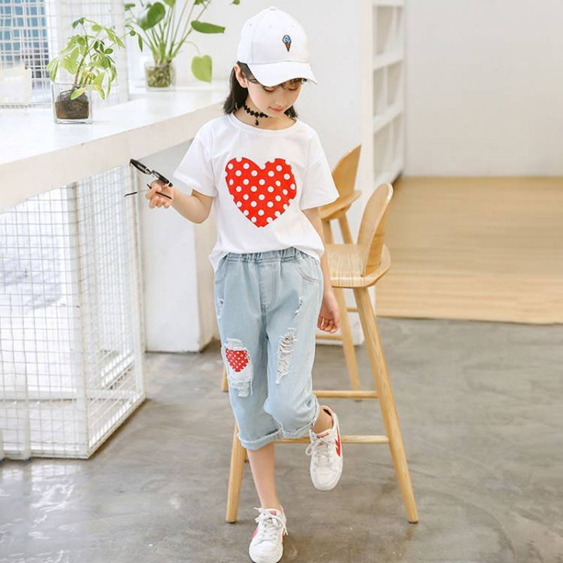 Girls White T-shirt Ripped Jeans Kids Suit