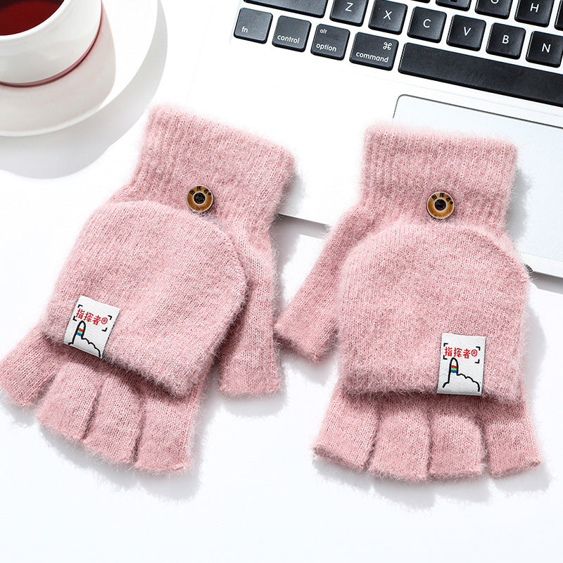 Men And Women Warm Thickened Flap Plush Half Finger Gloves