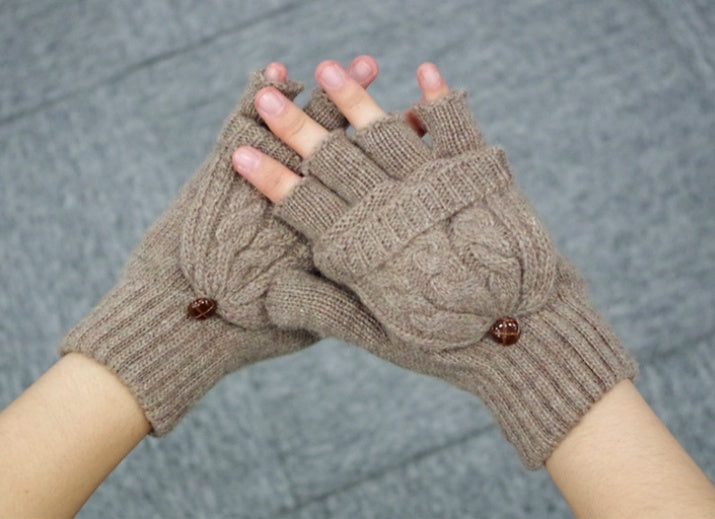 Wool ladies flip gloves double braided flip dual-use warm gloves half finger female gloves