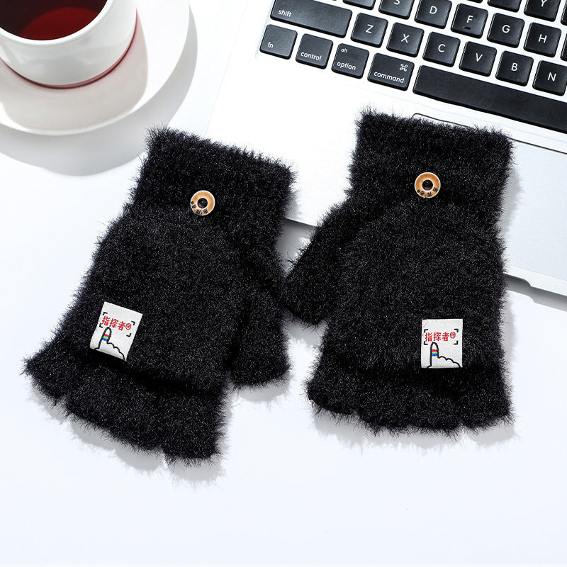 Men And Women Warm Thickened Flap Plush Half Finger Gloves