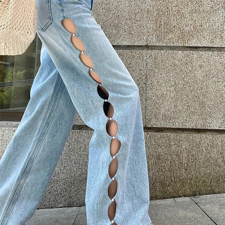 Blue Pearl Hollow Wide-leg Jeans Female Summer