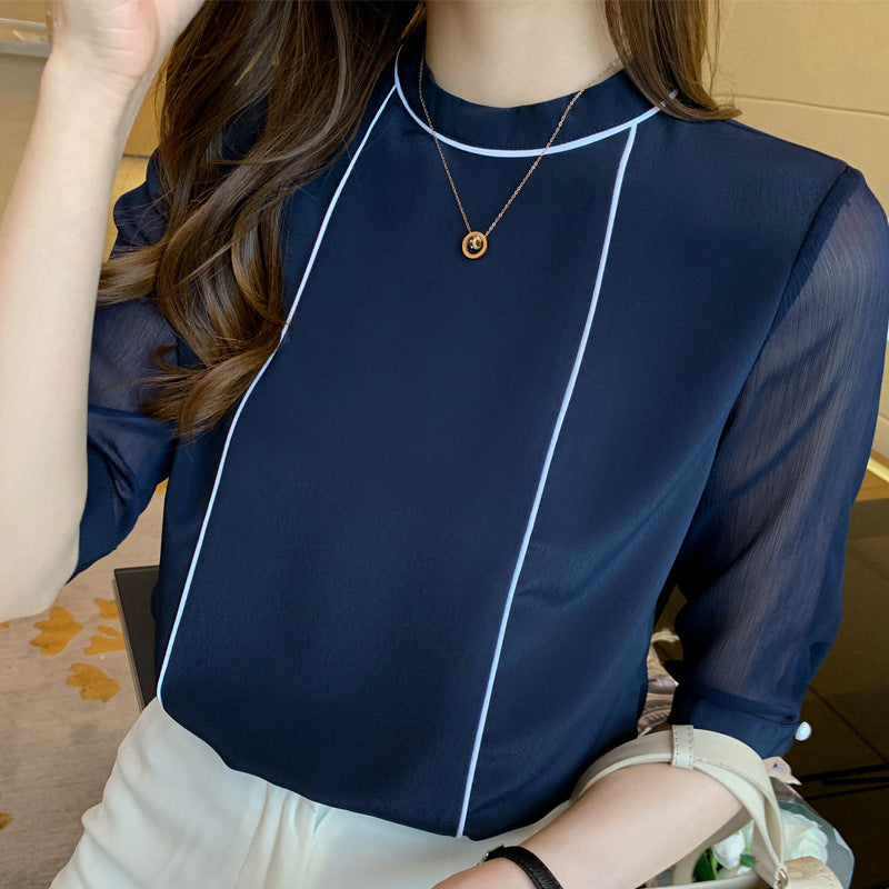 Short Sleeve Contrast Chiffon Shirt Top Female