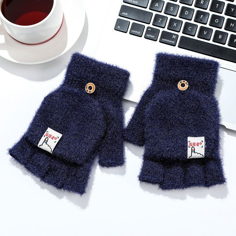 Men And Women Warm Thickened Flap Plush Half Finger Gloves