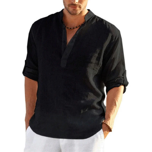 Men Cotton Linen Shirts Loose Casual V-neck Solid Color Tops Spring Summer Beach Fashion Simple Plus Size Long Sleeve Tee