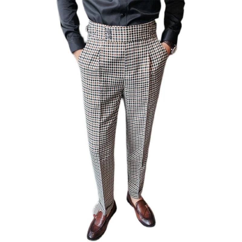 British Style Men High Waist Business Dress Pants Fashion Houndstooth Office Social Suit Pants Wedding Groom Casual Trousers Men