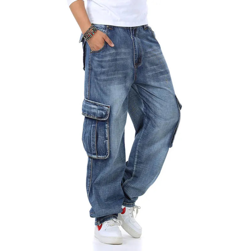 Large Size 46 Loose Jeans Men Denim Pants Straight Pocket Baggy Casual Streetwear Hip Hop Brand Blue Wide Leg Cargo Trousers