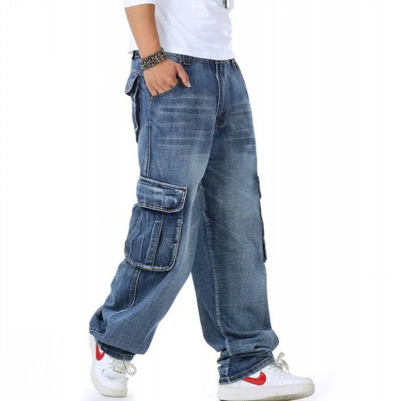 Large Size 46 Loose Jeans Men Denim Pants Straight Pocket Baggy Casual Streetwear Hip Hop Brand Blue Wide Leg Cargo Trousers