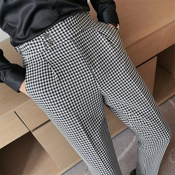 British Style Men High Waist Business Dress Pants Fashion Houndstooth Office Social Suit Pants Wedding Groom Casual Trousers Men