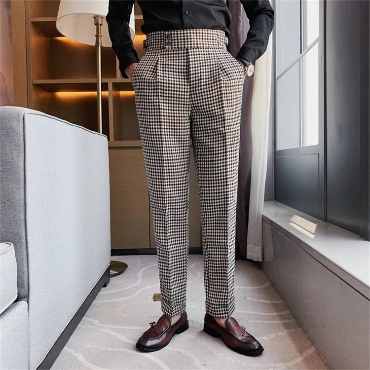 British Style Men High Waist Business Dress Pants Fashion Houndstooth Office Social Suit Pants Wedding Groom Casual Trousers Men