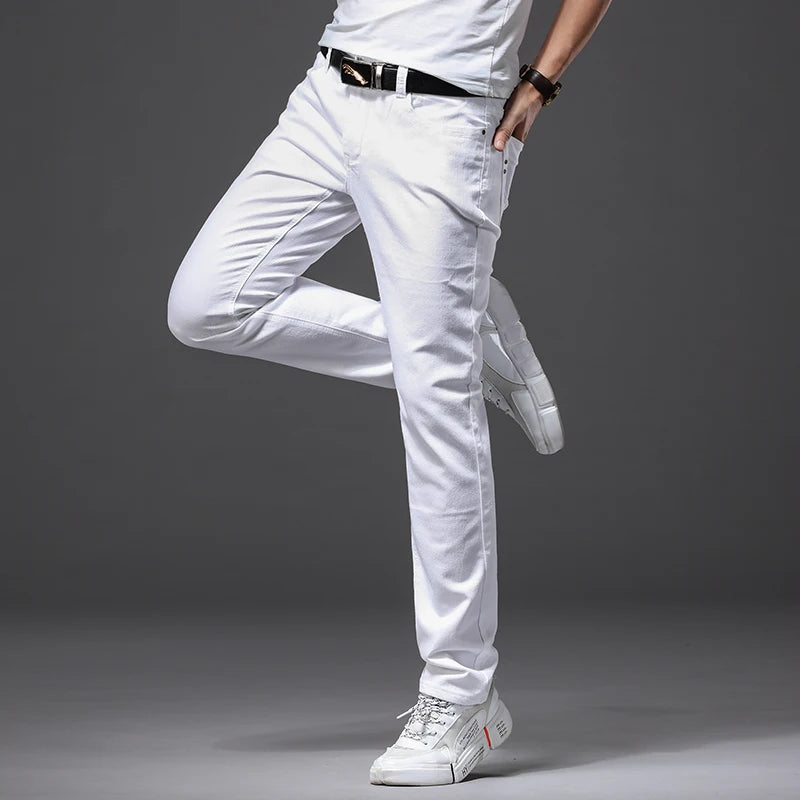 Brother Wang Men White Jeans Fashion Casual Classic Style Slim Fit Soft Trousers Male Brand Advanced Stretch Pants