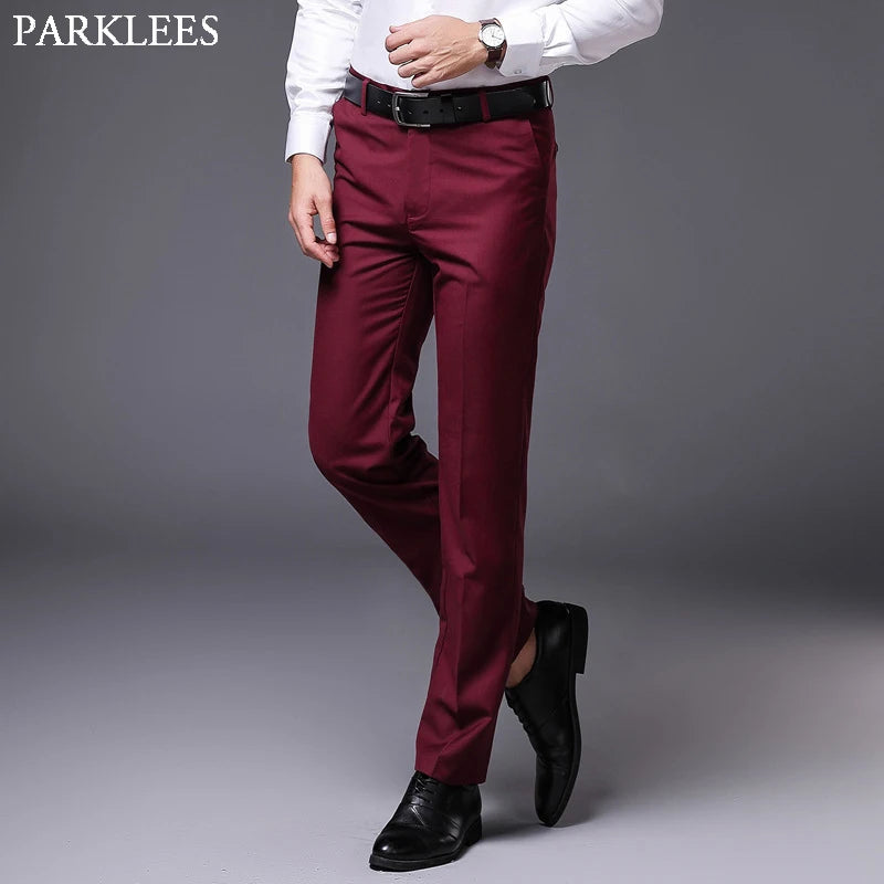 Mens Slim Fit Straight Dress Pants 2022 Brand Flat-front Causal Trousers Male Business Formal Pantalon de Vestir Hombre Wine Red