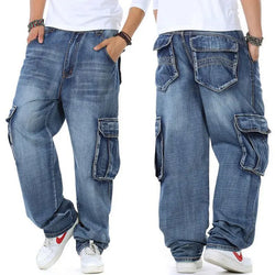 Large Size 46 Loose Jeans Men Denim Pants Straight Pocket Baggy Casual Streetwear Hip Hop Brand Blue Wide Leg Cargo Trousers