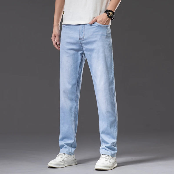 Plus Size 40 42 44 Men's Light Blue Jeans Spring and Summer Loose Straight Advanced Stretch Thin Denim Pants Male Brand Clothes