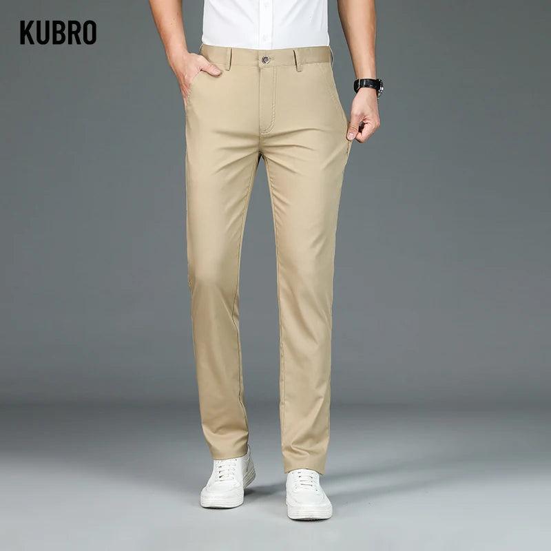 KUBRO 2024 Summer Bamboo Fiber Men's Thin Straight Casual Pants Classic Style Light Gray Business Stretch Trousers Male Brand