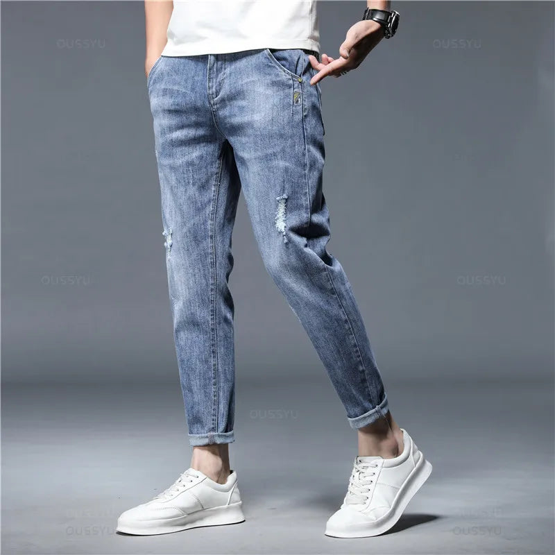 High Quality Brand Summer Stretch Cotton Hole Men's Ankle Length Jeans Streetwear Design Denim Pants Korea Casual Trousers Male