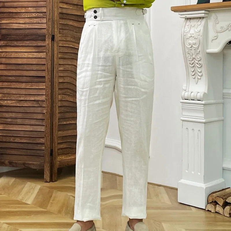 Linen Straight Leg Pant Naples High Waist Suits Retro Casual Pant British High Waist Pants Office-trouser Men Dress Pant Trouser