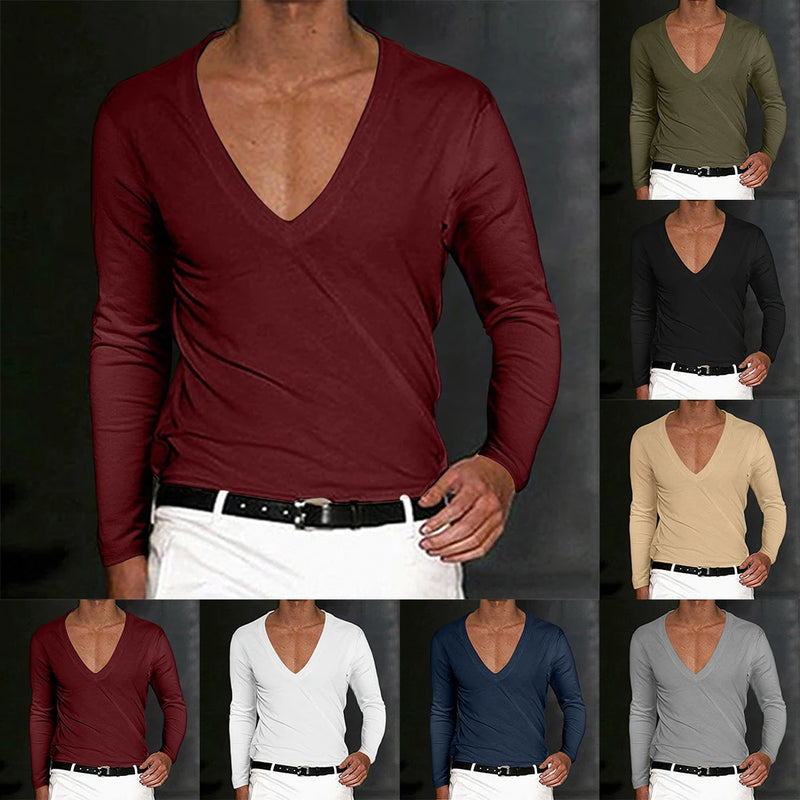 Mens T-Shirt Summer Shirts Low Cut Deep V Neck Comfortable Shirt Tops Men's Long Sleeve Casual Pullover Sexy Slim Fit Tees