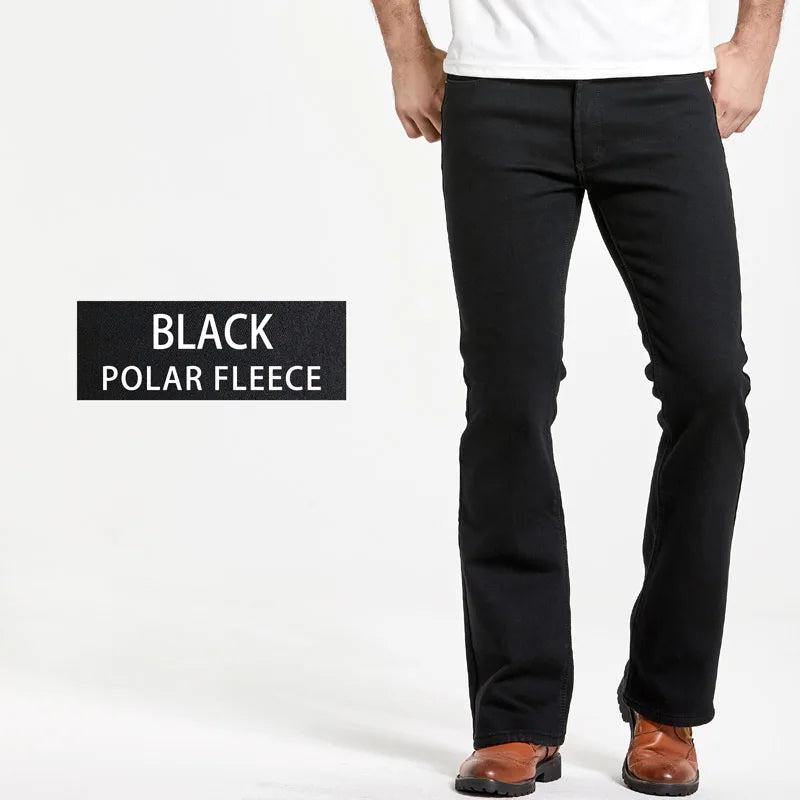 Mens Winter Stretch Denim Jeans Thicken Warm Pants Slim Slightly Flare Trousers Boot Cut Fit Polar Fleece Jeans