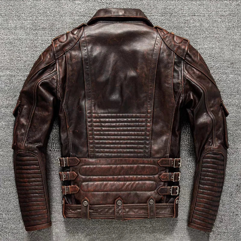 Top Layer Cowhide Leather Jacket Retro Brown Calfskin Motorcycle Suit Men's Slim Heavy Industry Leather Motorcycle Riding Jacket