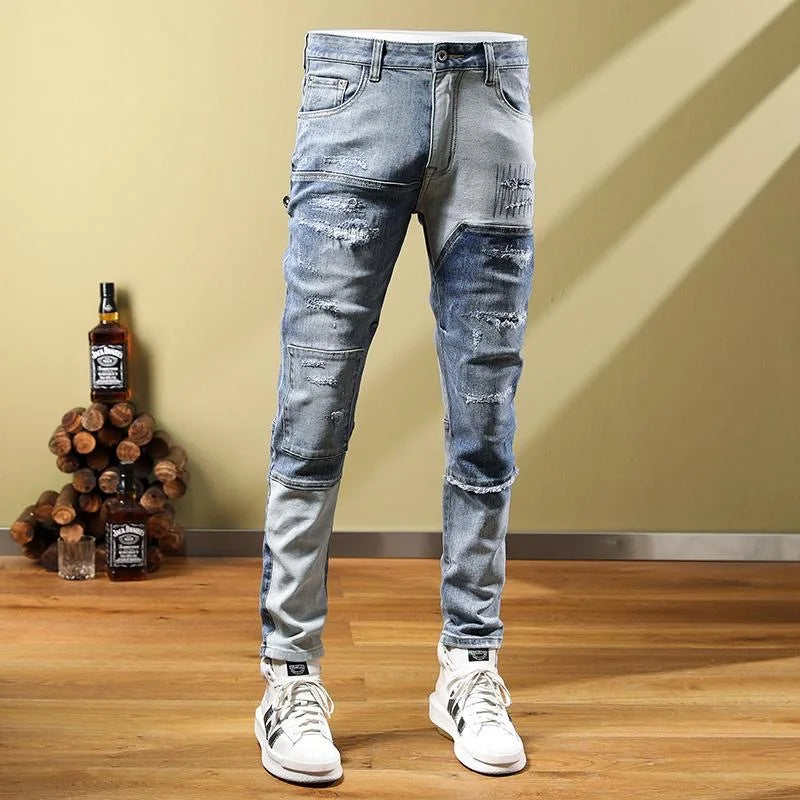 2024 Spring/Summer New Blue Hole Trend Small Foot Pants Men's Casual Slim Comfortable Breathable High-Quality Stretch Jeans