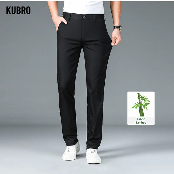 KUBRO 2024 Summer Bamboo Fiber Men's Thin Straight Casual Pants Classic Style Light Gray Business Stretch Trousers Male Brand