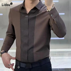 New Business Office Casual Spliced Polo-Neck Shirt for Men Spring Autumn Slim Long Sleeve Fashion Pullovers Tops Male Clothes